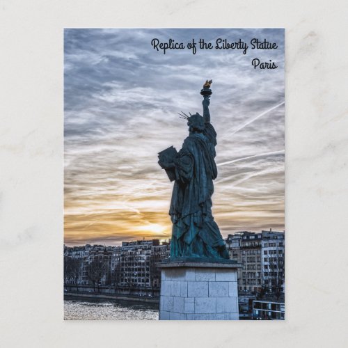 Sunset over Replica of the Liberty Statue in Paris Postcard
