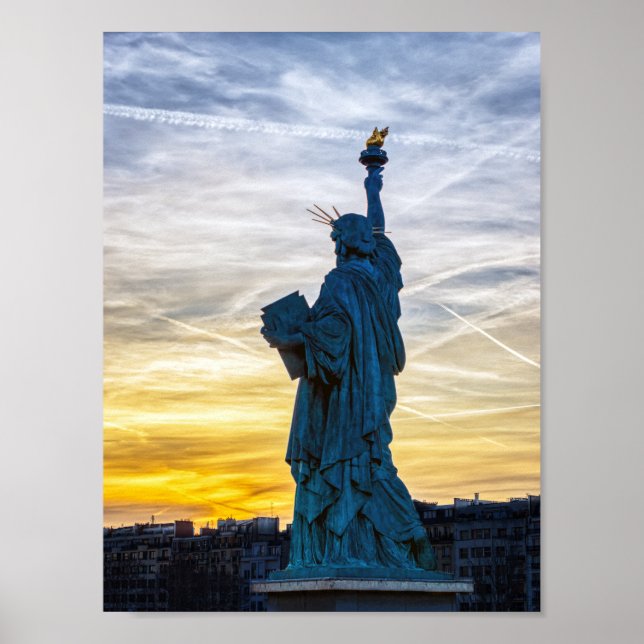 Sunset over Replica of the Liberty Statue in Paris Poster (Front)