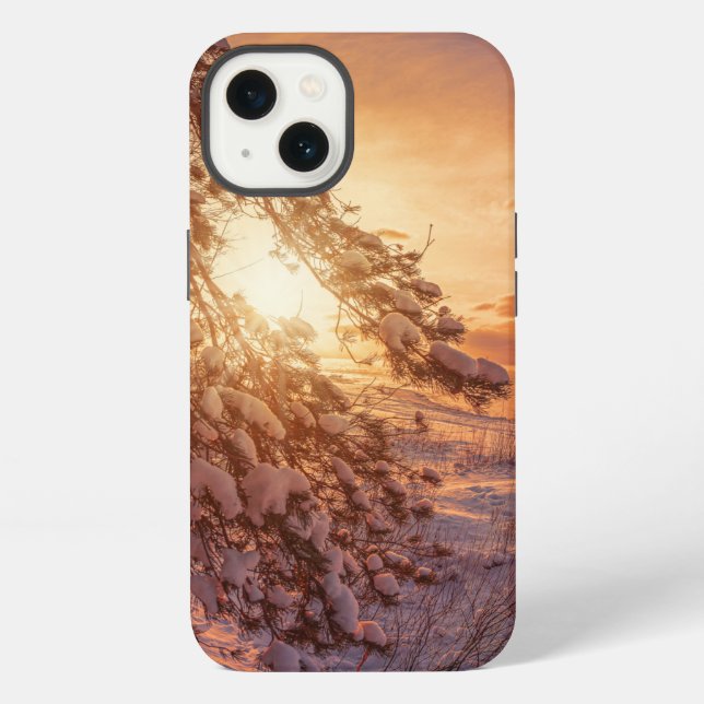 Sunset over sea and snowy pine tree iphone case (Back)