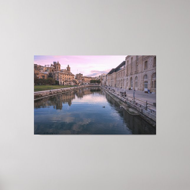 Sunset over small canal in Cospicua, Malta Canvas Print (Front)