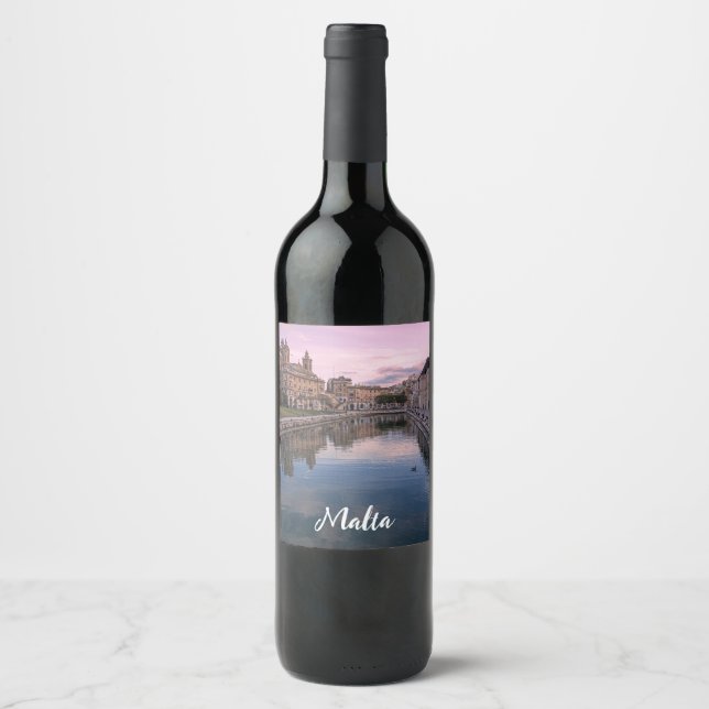 Sunset over small canal in Cospicua, Malta Wine Label (Front)