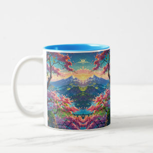Sunset Over Snow Capped Mountain and Blossoming Two-Tone Coffee Mug
