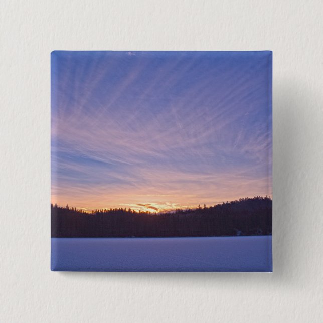 Sunset over Snow-covered Winter Lake & Trees Button (Front)