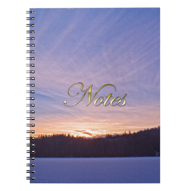 Sunset over Snow-covered Winter Lake & Trees Notebook (Front)