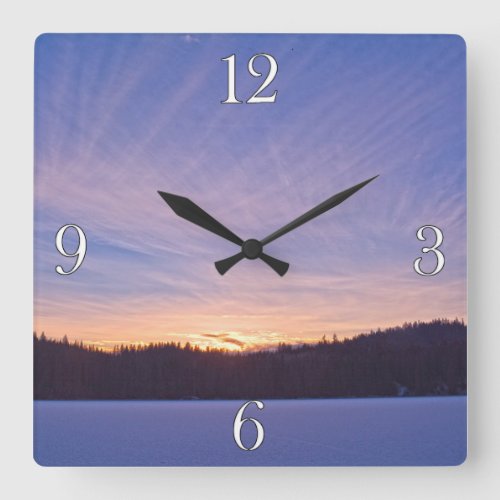 Sunset over Snow_covered Winter Lake  Trees Square Wall Clock