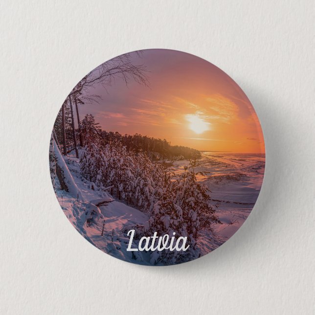 Sunset over snow sea coast 6 cm round badge button (Front)