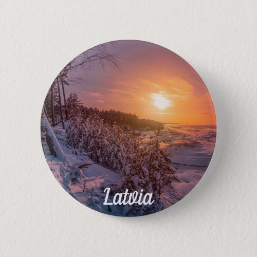 Sunset over snow sea coast 6 cm round badge button