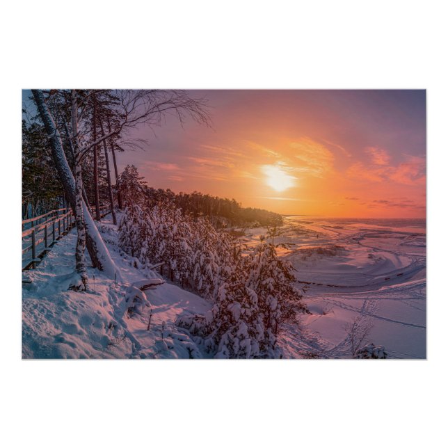 Sunset over snow sea coast poster (Front)