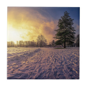 Sunset over snowy winter park ceramic tile