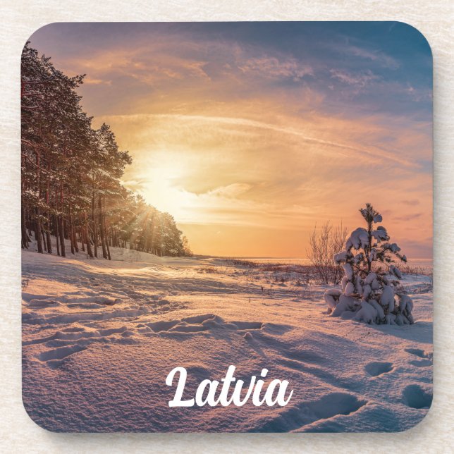 Sunset over snowy winter sea coast beverage coaster (Front)