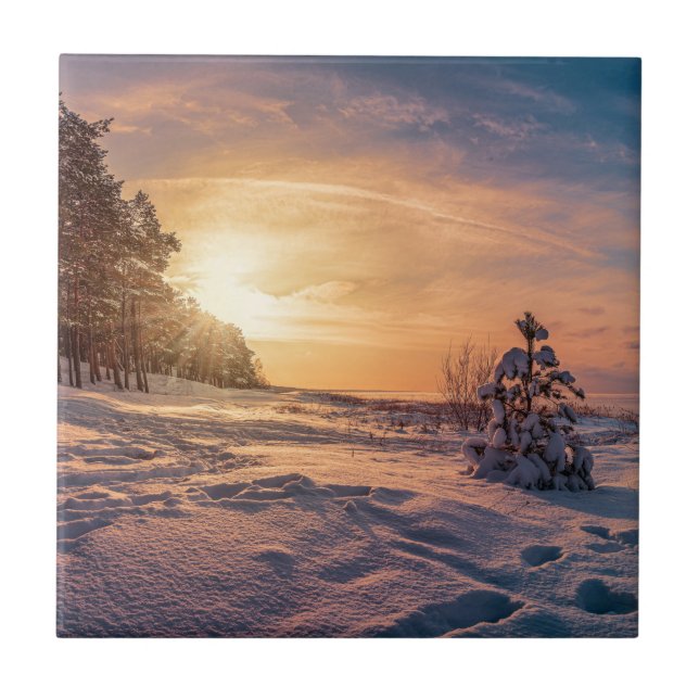 Sunset over snowy winter sea coast ceramic tile (Front)