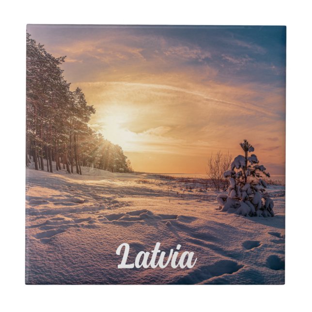 Sunset over snowy winter sea coast ceramic tile (Front)