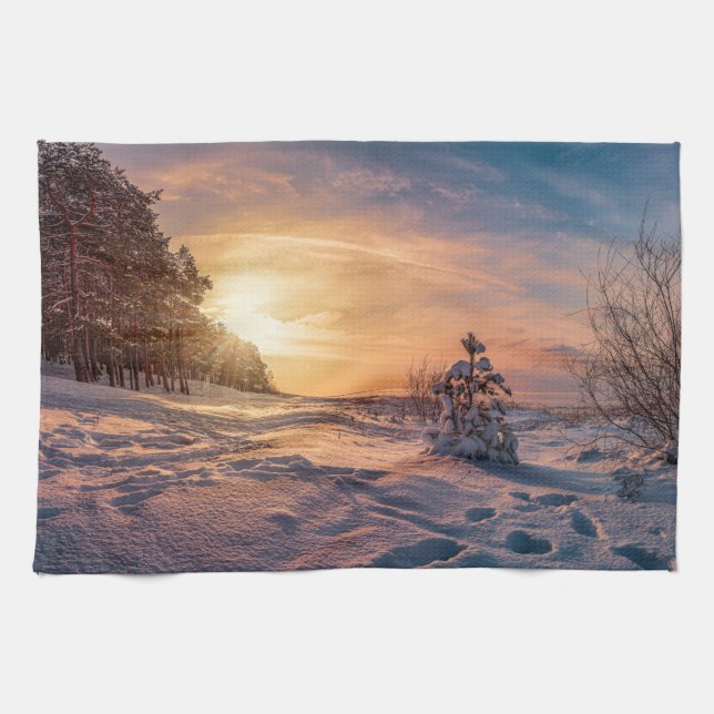 Sunset over snowy winter sea coast kitchen towel (Horizontal)