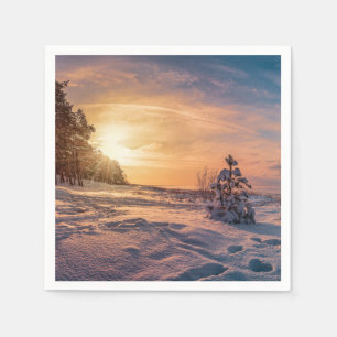 Sunset over snowy winter sea coast napkins