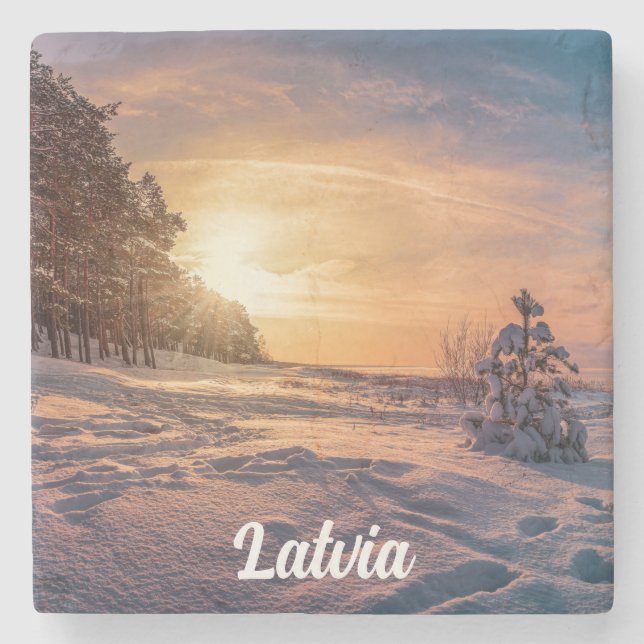 Sunset over snowy winter sea coast stone coaster (Front)