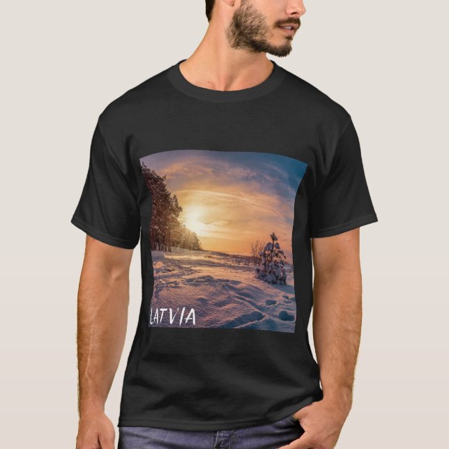 Sunset over snowy winter sea coast T-Shirt (Front)