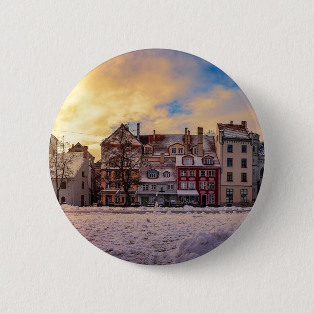 Sunset over street in Riga Button (Front)