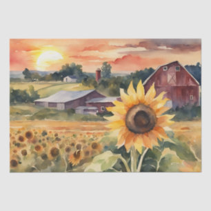 Sunset Over Sunflower Fields watercolor Decoupage Tissue Paper