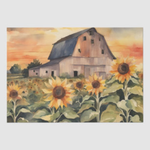Sunset Over Sunflower Fields watercolor Decoupage Tissue Paper