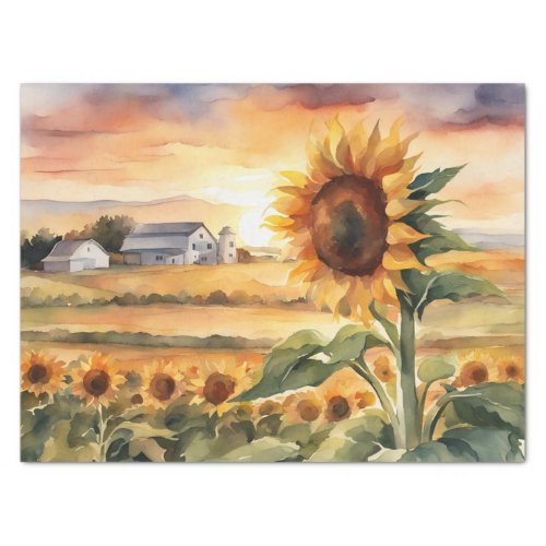 Sunset Over Sunflower Fields watercolor Decoupage  Tissue Paper