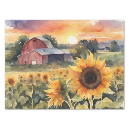 Sunset Over Sunflower Fields watercolor Decoupage  Tissue Paper
