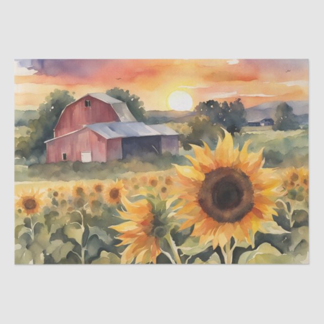 Sunset Over Sunflower Fields watercolor Decoupage  Tissue Paper (Front)