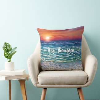 Sunset over the blue turquoise waters throw pillow