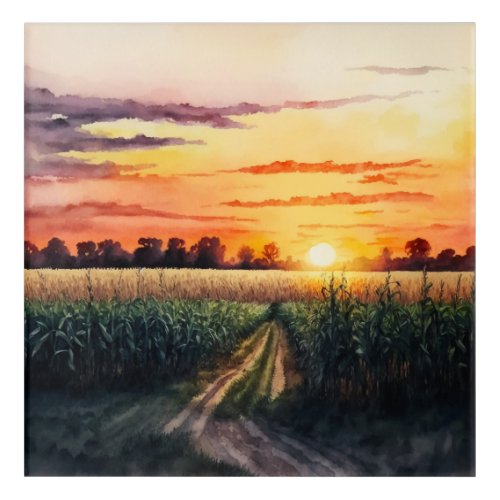 Sunset Over the Corn Field Watercolor Acrylic Print