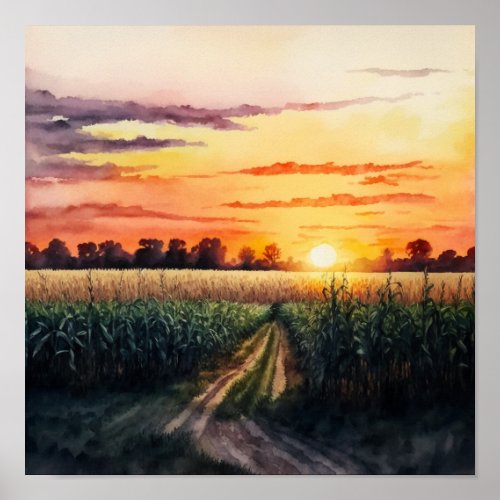 Sunset Over the Corn Field Watercolor Poster