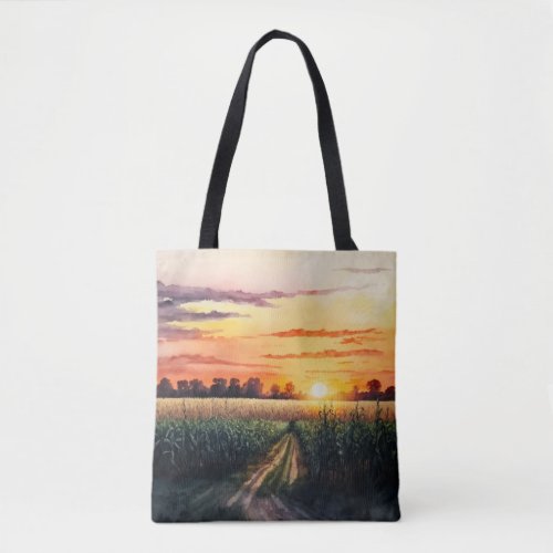 Sunset Over the Corn Field Watercolor Tote Bag
