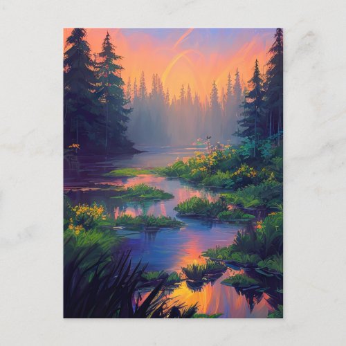 Sunset over the Enchanting Swampy Forest Postcard