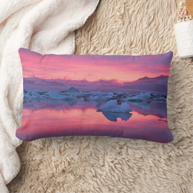 Sunset Over the Jokulsarlon Glacier Lagoon Lumbar Pillow (Blanket)