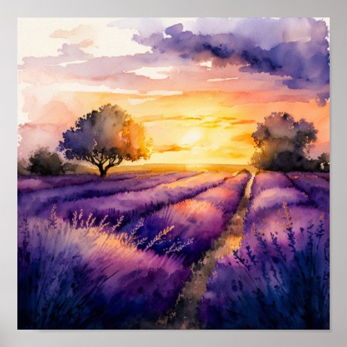 Sunset Over the Lavender Field Watercolor Poster