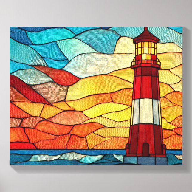 Sunset over the ocean with lighthouse art canvas photo tile  (Front Set)