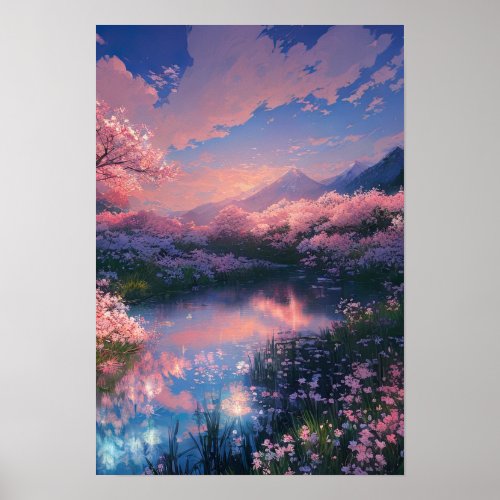 Sunset Over the Serene Cherry Blossom Pond Poster