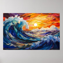 Sunset over the storming ocean, stained glass