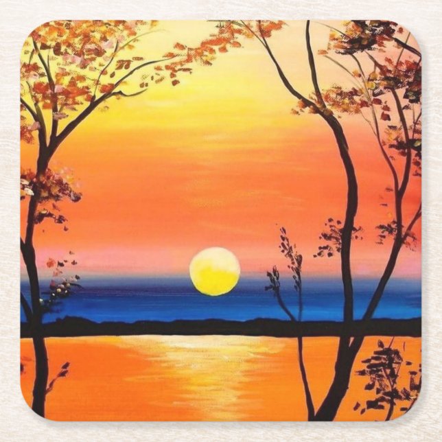 Sunset Over the Water Fine Art Square Paper Coaster (Front)