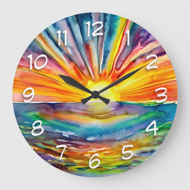 Sunset over  the Water Reflection | Watercolor Art Large Clock (Front)