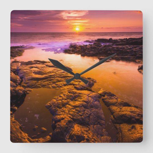 Sunset over tide pools Hawaii Square Wall Clock