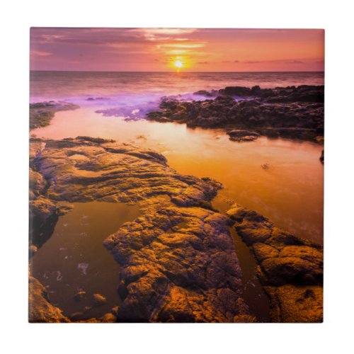 Sunset over tide pools Hawaii Tile