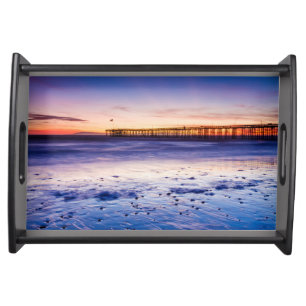Sunset Over Ventura Pier And Beach Serving Tray
