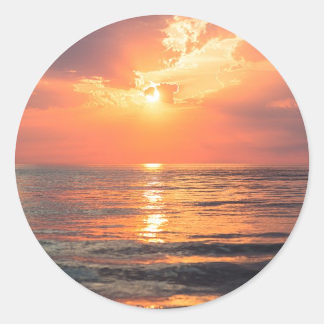 sunset over water classic round sticker (Front)