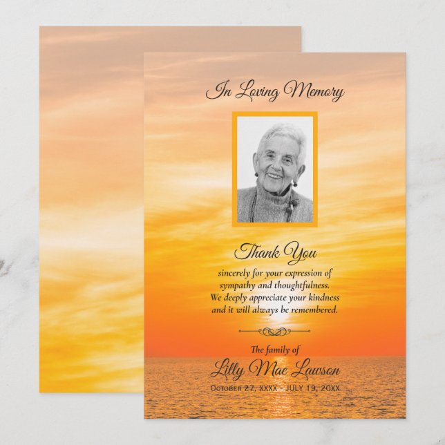 Sunset over Water Funeral Memorial Thank You Cards (Front/Back)
