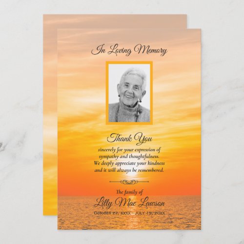 Sunset over Water Funeral Memorial Thank You Cards