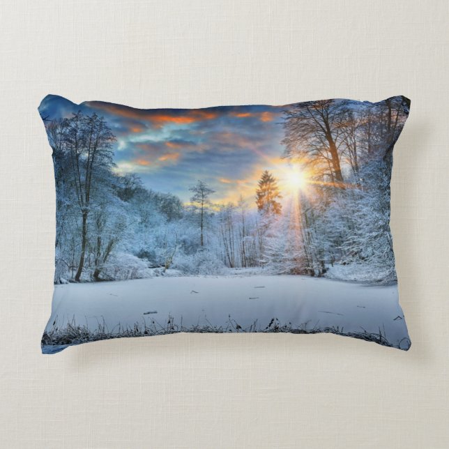 Sunset Over Winter Forest Lake Decorative Pillow (Front)