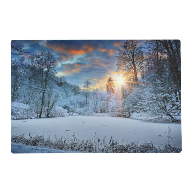 Sunset Over Winter Forest Lake Placemat (Front)
