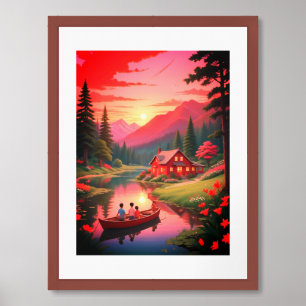 Sunset Painting with A Lake and Boat-68679 Framed Art