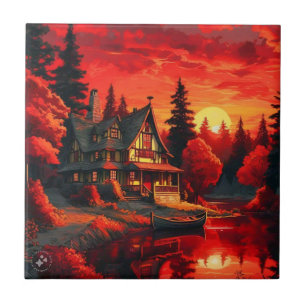 Sunset Painting with Cottage and Lake-66633 Ceramic Tile