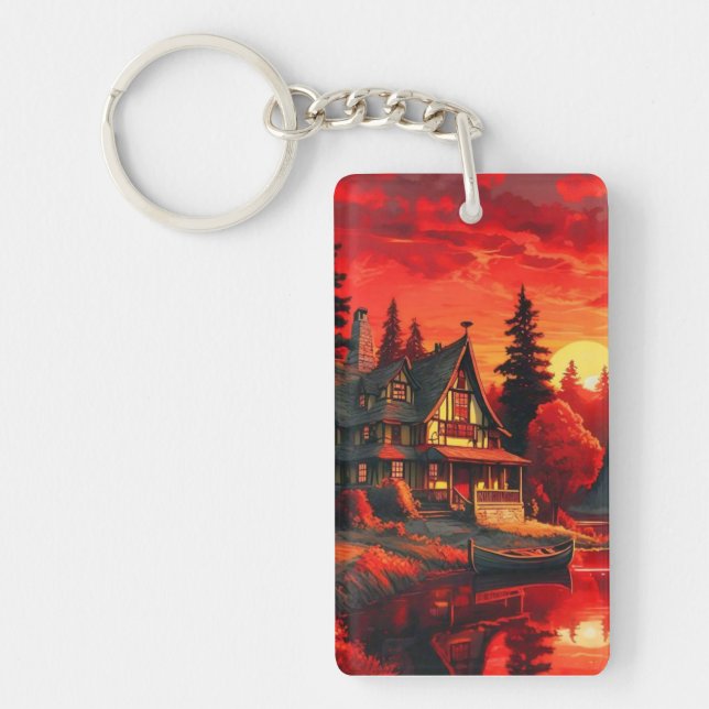 Sunset Painting with Cottage and Lake-66633 Keychain (Front)