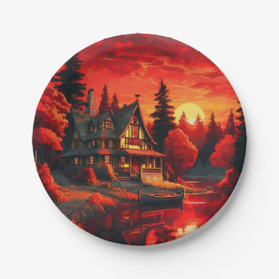 Sunset Painting with Cottage and Lake-66633 Paper Plates